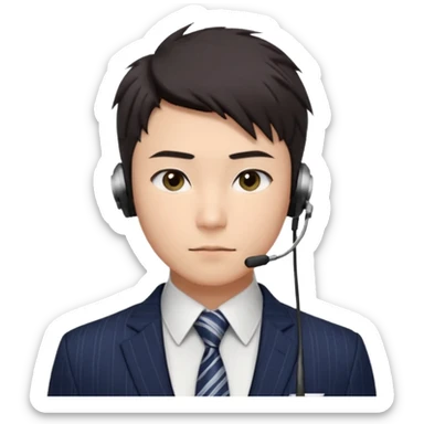 gay young Asian man with light skin, short dark hair styled upward with a sharp spiked swoop in front, slightly narrowed almond-shaped eyes with a confident, knowing squint, very squinty a clean-shaven face, and a sleek single-ear headset, wearing a dark pinstripe suit with a patterned shirt tie sticker