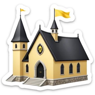 simple magic school, white background, magic school, black roof, with a big flag, big flag on a roof, big yellow flag, white school sticker