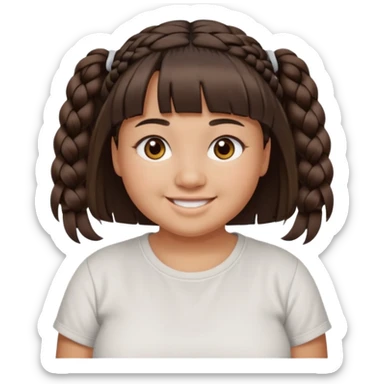 20 year old woman with tan skin, dark brown hair in low braids, blunt cut bangs, chubby face, brown eyes, smiling without teeth showing, white tee shirt sticker