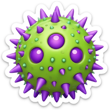 A cute but grumpy 3D render icon of a virus. A spherical shape covered in rounded mushroom-like spikes. Glossy plastic material, cartoonish style. Color palette: bright slime green and purple spikes. Soft studio lighting. Isolated on a solid light background. Minimalist design. sticker
