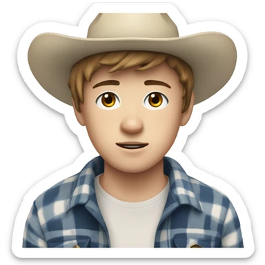 Teenager boy with freckles, white skin, blue and white flannel, hair to his shoulders and a sided fringe, white eye bandage and sheriff hat sticker