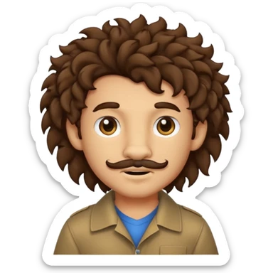 Make a cute boy lion with curly dark brown hair with a disconnected goatee and medium skin with a thin mustache sticker