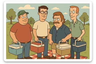 a group of men with coolers at a picnic, cartoon style sticker