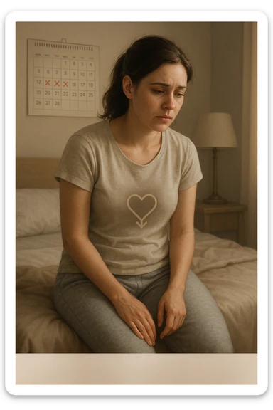3D realistic medical illustration: a young woman in her 20s or 30s sits on the edge of a bed in a softly lit bedroom, looking thoughtful and slightly concerned. She wears comfortable loungewear, her posture is slouched, and her expression is subdued. Subtle visual cues—such as a faded calendar with missed menstrual cycles and a dimmed heart or energy icon near her abdomen—symbolize low libido and amenorrhea. The scene is realistic, intimate, and empathetic. sticker