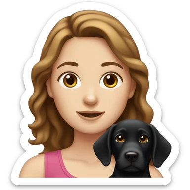 White girl with wavy brown hair holding a black Labrador sticker
