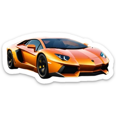 Lamborghini Aventador speeding down Sunset Avenue at dusk, headlights blazing. The sky glows in warm sunset hues, reflecting off the sleek car. Motion blur emphasizes speed, with palm trees and city lights in the background. Transparent background. sticker