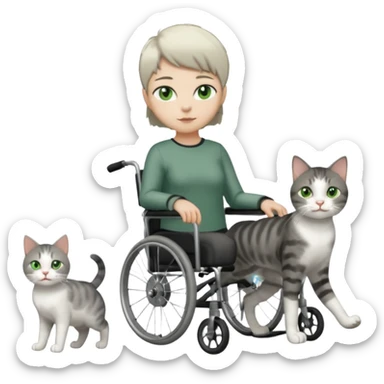 full body small short hair dark grey and white cat with green eyes walking in a wheelchair for cats sticker