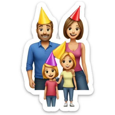 european family of 4 people (mom dad and 2 kids) celebrate birthday in birthday hats sticker