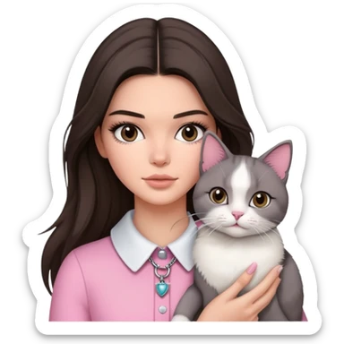 brunette Kendall Jenner with long hair holding a grey white cat in pink collar sticker
