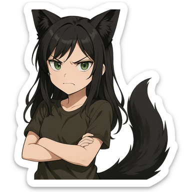 A girl with black fox ears and a tail, green eyes, dark hair, looking angry sticker