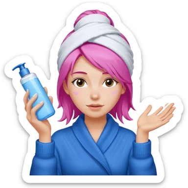 A girl grabbing a pink hair serum with a white shower towel in her hair with skincare on her face dressed in a blue sweater sticker