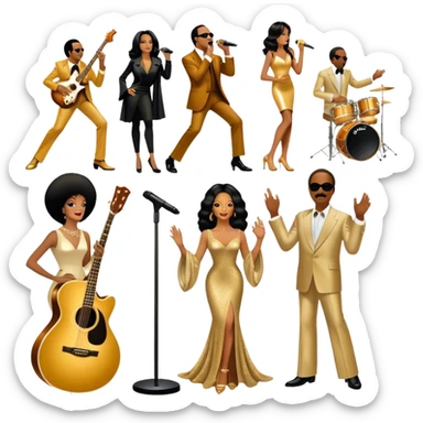 Icon for R&B Music: collage of legendary R&B artists—Diana Ross, Stevie Wonder, Marvin Gaye, Janet Jackson, Billy Ocean, and Whitney Houston. Represented by silhouettes or symbolic items like a microphone, guitar, or music notes. Transparent background. sticker