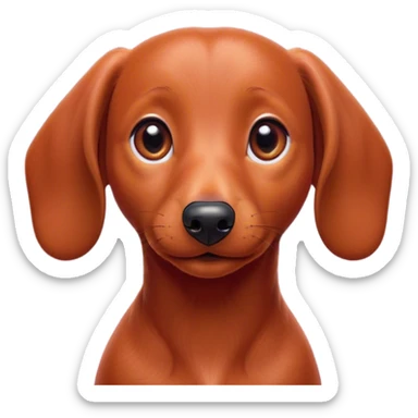 Cinematic Cute Red Dachshund Portrait Emoji, Head tilted playfully and inquisitively, featuring a glossy red coat with a sleek sheen, round, sparkling brown eyes filled with curiosity, Simplified yet irresistibly adorable features, highly detailed, glowing with a warm, friendly glow, high shine, affectionate and spirited, stylized with a touch of whimsy, bright and endearing, soft glowing outline, capturing the essence of a mischievous yet loving pup, so playful it feels like it could dash out of the screen and into your arms! sticker