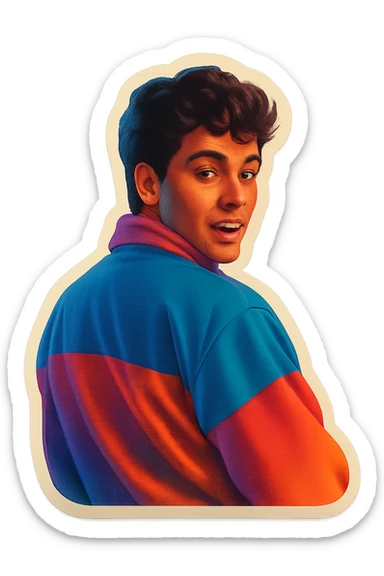 poster inspired by the reference photo, retro stickers style, no text, looking over his shoulder sticker