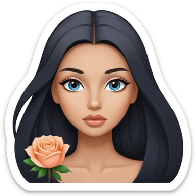 Glamours, tanned, very beautiful girl, with big pump peach-beige-rose lips, long long lashes, black straight smooth silky long hair, straight parting hair, blue-grey eyes sticker