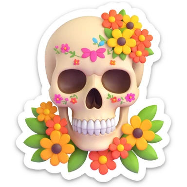 cheerful skull with flowers, visual concept combining happiness and death sticker