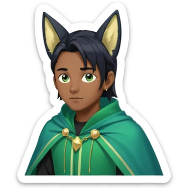 Black anime man with straight long black hair with light-green stripes in it, long black fox ears, hazel-gradient-brown-turquoise eyes, gold earring, dark blue sweater, green cape,  sticker