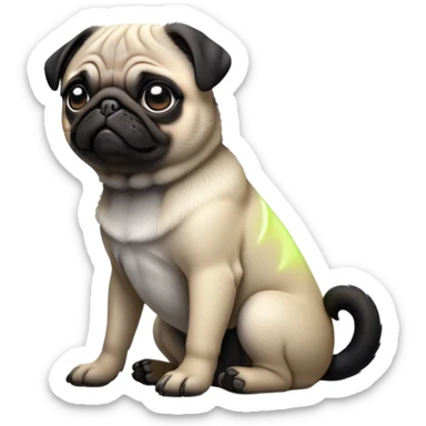 cinematic-[pug]-realistic-full-body-sitting-emoji,-tail-resting-loosely-beside-its-paws,-head-tilted-dramatically, -sleek-[black]-fur,-simplified-yet-realistic-focused-features,-highly-detailed,-glowing-with-an-almost-sarcastic-glow sticker