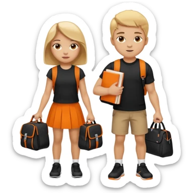 light skin students girl and boy with school bag full of books on hand and dumbell in other hand. Clothes are in black and orange colours. They are going to the gym. They have brown and blonde hair sticker
