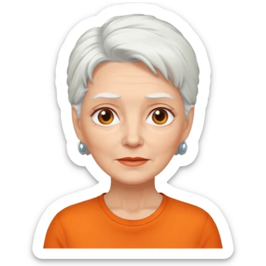 older white woman with white hair and orange shirt sticker