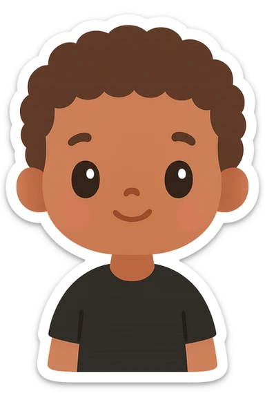 niño morenito, pelo corto y rizado, camisa negra, expresión amigable, colorful illustration style sticker