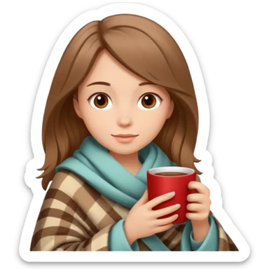 Beige Brown hair Girl drinking coffee, with a cozy blanket and book sticker