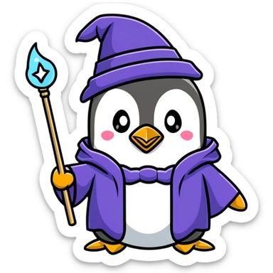 penguin wearing a wizard hat and robe, holding a magic wand sticker