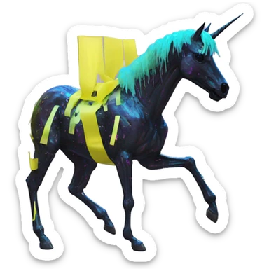 .Zombie_ Vaporwave black holographic oilslick zombie unicorn yellow caution tape graffiti Pegasus  broken skeleton  sticker