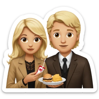 Love tan woman long wavy blonde hair and black lace  with blonde man Brown shade jacket eating chick filet  sticker