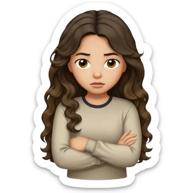 Hispanic light tan girl with long dark wavy hair pouting and arms folded. Wearing a long sleeve. Hair with middle part. sticker