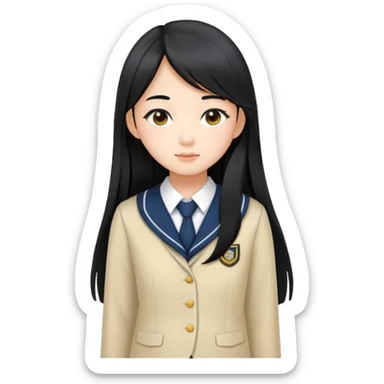 fashionable Asian schoolgirl with long straight black hair, stylish school uniform sticker