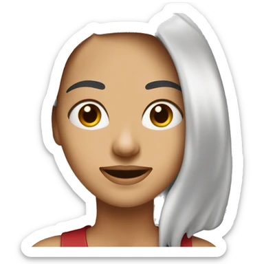 mujer blanca con el pelo rojo oscuro y largo. Con cejas tupidas. Con brackets en los dientes.  Con color de ojos marrón claro sticker