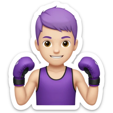 now make a boy whose white smiling in purple kickboxing full shirt with Fighting HARD on the shirt sticker