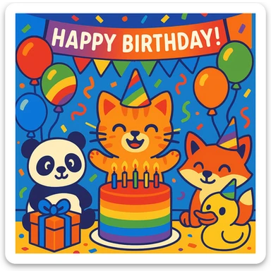 vibrant-toon style birthday party scene with a rainbow color theme including rainbow balloons, multicolored decorations, confetti, a large rainbow birthday cake, gifts, and a festive atmosphere. Main character is a ginger tabby kitten wearing a birthday hat, surrounded by a panda, fox, and duck also celebrating. Prominent 'Happy Birthday!' message included in the scene. sticker