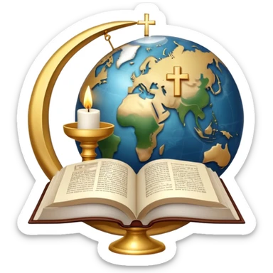 An icon featuring a holy book, a candle, and a cross, symbolizing religious studies. The design includes a globe with various religious symbols: a crescent moon and star (Islam), a lotus flower (Buddhism), representing global belief systems. Transparent background. sticker