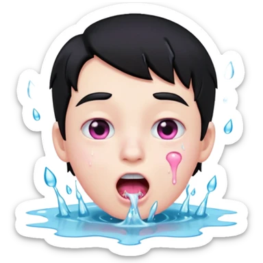 Boy with black hair, pink eyes rolled back, mouth open , water dripping from chin sticker