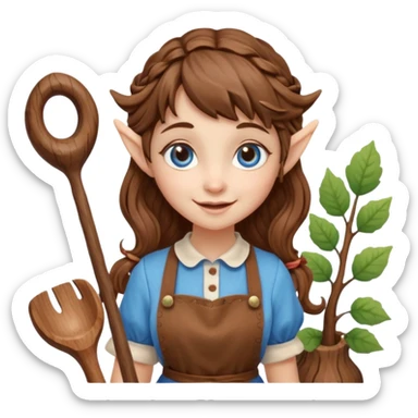 Kind happy whimsical quirky Girl toymaker, wood carving elf. Woodland creator. Blue eyes. brown hair (just below chin length) wavy hair & bangs. Whimsical playful cute sticker