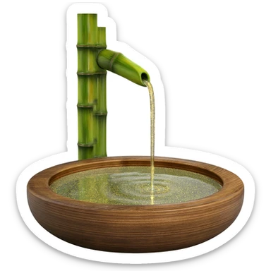 Shiny sparkly glittery beautiful elegant pretty precious divine Japanese zen garden vintage old bamboo fountain with a beautiful wooden bowl underneath aesthetic scenery  sticker