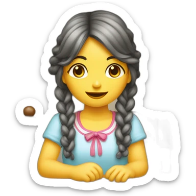 Niña cabellos largos ondulados morocha con las manos en el mentón y codos apoyados en una mesa con cara de pensativa  sticker