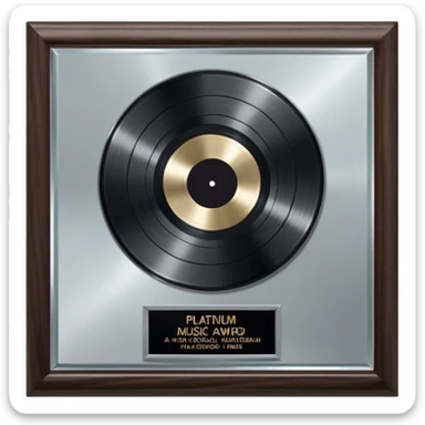 A platinum music award plaque: a square, polished platinum plate with a subtly textured, mirror-like finish, mounted on a simple dark wood base. The center features a relief of a or stylized vinyl record in a slightly darker metallic tone.  sticker