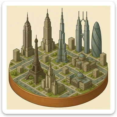 Оставь основу картинки - деревянную подставку, но при этом сгенерируй изометрическую модель города где будет самые узнаваемые здания мира Эмпайр Стейт Билдинг, Эйфелева башня, здание МГУ, Бурдж-Халифа, Башни Петронас, Небоскрёб Фостера в Лондоне, Рейхстаг, Тайбэй sticker