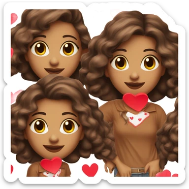 brown lady smiling, medium brown long wavy hair, bright red lips, eyelashes, wearing red “happy Valentine’s Day” t shirt sticker