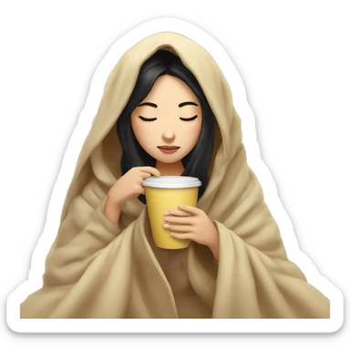 Asian girl inside a blanket sipping coffee eyes closed black hair sticker