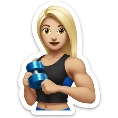 blonde woman working out with a black tank top and a blue shorts and she is holding a dumbell sticker