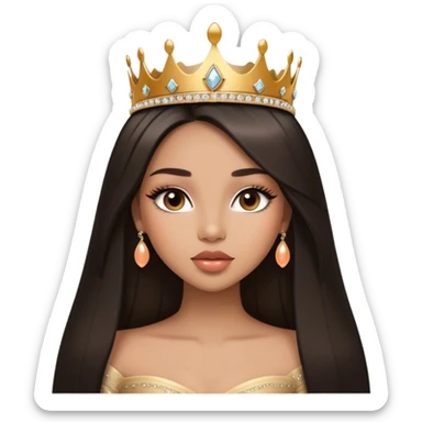 Glamourous princess, light brown skin tone, very beautiful girl, with big plump peach-beige lips, long long lashes, black straight smooth silky long hair, straight parting hair, brown eyes, gold tiara sticker