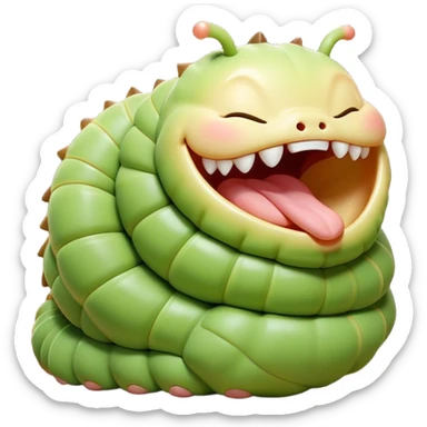Cinematic Adorable Yawning Caterpillar Portrait Emoji, Head tilted slightly with a dramatic, wide-open yawn, showcasing a plump, segmented body with softly drooping edges and sleepy, half-closed eyes, Simplified yet irresistibly cute features, highly detailed, glowing with a soft, cozy natural glow, high shine, relaxed yet expressive, stylized with a dash of whimsical transformation charm, soft glowing outline, capturing the essence of a drowsy caterpillar that appears ready to stretch and yawn its way out of the screen! sticker