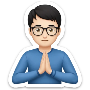 A white Man with black hair doing namaste with wearing specs sticker