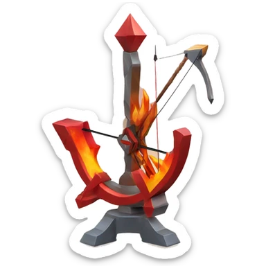 Accurate crossbow sculpture symbolizing Sagittarius with a geometric, faceted design. The symbol is standing upright with angular and disney features. The vibrant red flame colors highlights the sharp edges and planes. sticker