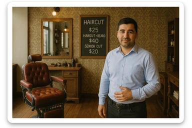 Draw me a picture of a barbershop that looks like this guy working in a barbershop. The barbershop doesn't have to be very modern. It should be on a medium floor. Also draw a blackboard on the wall. It should have the prices for haircuts there. sticker