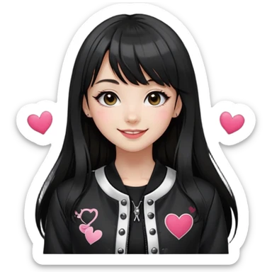 Mujer caucasian, cara redonda, flequillo recto, pelo oscuro lacio con ondas, largo hasta el pecho. Maquillaje marcado con delineado y corazones bajo los ojos. Sonrisa amplia, expresión coqueta-alegre. Estilo japonés, chaqueta varsity negra con blanco, top negro, accesorios góticos/kawaii sticker